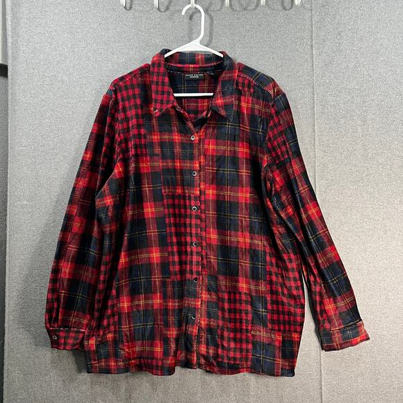 Susan Graver Weekend Regular Plaid Knit Corduroy Button Up Sh Red/Navy X-Large - Picture 1 of 11